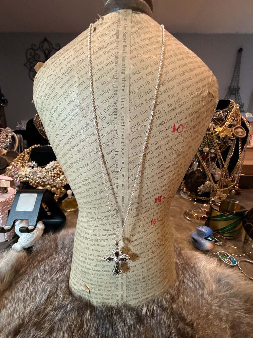 Ornate Silver Cross Pendant Necklace With Black Crystals And Chain